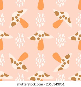 Fly agaric seamless pattern. Pink mushroom pattern design. Vector autumn forest illustration. Simple design for kids cloths.