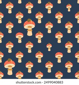 Fly agaric seamless pattern. Poison mushrooms continuous background. Vector hand drawn flat illustration.