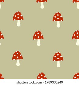 Fly agaric seamless pattern. Red mushroom pattern design. Vector autumn forest illustration. Simple design for kids cloths.