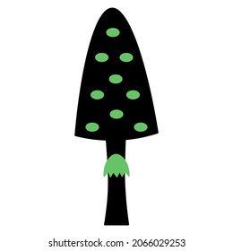 Fly agaric. Silhouette with green spots. Amanita - small poisonous mushroom. Vector illustration. Not edible, hallucinogenic mushroom. Isolated white background. Halloween symbol. Idea for web design.