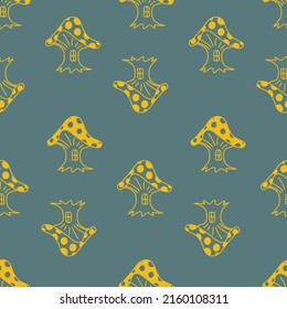 Fly agaric toadstool mushroom seamless pattern yellow green for textile design and wrapping paper, eps 10 vector illustration