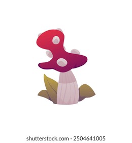 Fly agaric. Toadstool. A mushroom with a thick white stem, a red curved cap with white bubbles and leaves. Autumn amanita. Object for game design. Vector illustration isolated on white background.