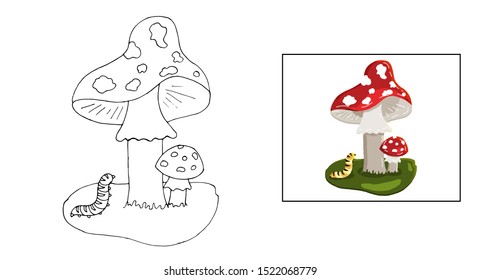 Fly agaric vector coloring pages isolated on white. Poisonous mushrooms with berries and a caterpillar.Outline art cartoon style for children