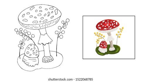 Fly agaric vector coloring pages isolated on white. Poisonous mushrooms with berries and a caterpillar.Outline art cartoon style for children