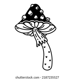 Fly Agaric Vector Icon. Poisonous Forest Mushroom, Toxic Toadstool. Black Outline, Hand Drawn Sketch Isolated On White. Witch Magical Plant. Clipart For Logo, Web, Apps, Posters, Print