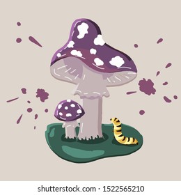 Fly agaric vector illustration isolated on white. Poisonous mushrooms grow on green grass. Purple colours