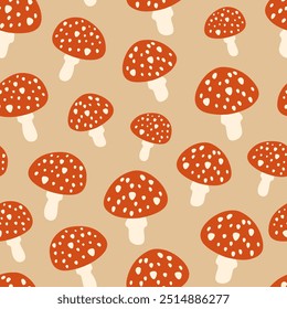 Fly agaric vector seamless pattern. Cute poisonous inedible red mushrooms with white dots on beige background. Whimsical autumn toadstool repeat tile for seasonal Halloween and fall designs