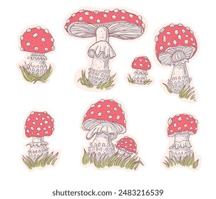 Fly agaric. Vector set in retro style.