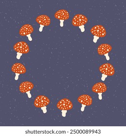 Fly agaric wreath vector illustration. Cute poisonous inedible red mushrooms with white dots. Whimsical autumn round frame. Cartoon toadstool fungus on dark background for seasonal Halloween design