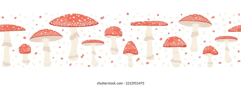 Frontera de las agarías de vuelo. Patrón sin foco con amanita muscaria. Setas con capucha roja y moho. Hongos tóxicos. Alimentos alucinógenos. Textura abstracta sobre fondo blanco. Ilustración de dibujos animados. 