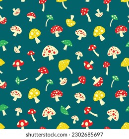 Fly agarics colored seamless pattern. Pattern with mushrooms. 