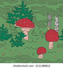 Agaríes de vuelo. El césped forestal. Patrón sin foco.