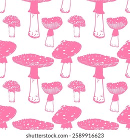 Fly agarics in linocut style set. Pink color. Seamless pattern. Trendy vector illustration.