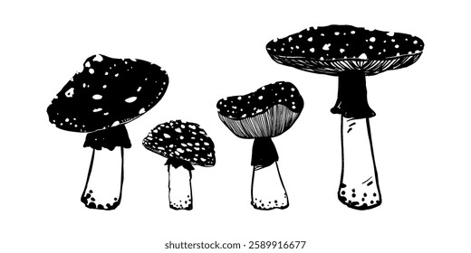 Fly agarics in linocut style set. Black and white graphics. Trendy vector illustration.