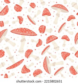 Fly agarics seamless pattern  Mushrooms and red cap   mold  Hallucinogenic food  Amanita muscaria and texture white background  Toxic fungi backdrop  Vector cartoon illustration  