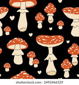 Patrón sin fisuras de agarics de mosca. Setas con tapa roja y moho. Alimentos alucinógenos. Colección de Amanita muscaria aislada sobre fondo blanco. Hongos tóxicos. Fondo de Vector.