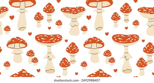 Patrón sin fisuras de agarics de mosca. Setas con tapa roja y moho. Alimentos alucinógenos. Colección de Amanita muscaria aislada sobre fondo blanco. Hongos tóxicos. Fondo de Vector.