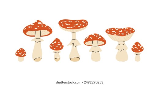 Juego de agarics para moscas. Setas con tapa roja y moho. Alimentos alucinógenos. Colección de Amanita muscaria aislada sobre fondo blanco. Hongos tóxicos. Vector ilustración de dibujos animados.