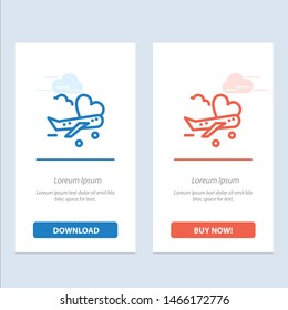 Fly, Airplane, Plane, Airport  Blue and Red Download and Buy Now web Widget Card Template. Vector Icon Template background
