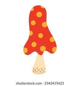 Fly amanita mushroom hand drawn illustration. Cartoon style flat design, isolated vector. Kids autumn, fall print, seasonal plant element, woodland, park, outdoors, nature