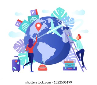 Fly around the world, travel and journey idea in transportation concept, vector art illustration. Man and Woman flat traveler with luggage. Global travelling, trip, international tourism concept. 
