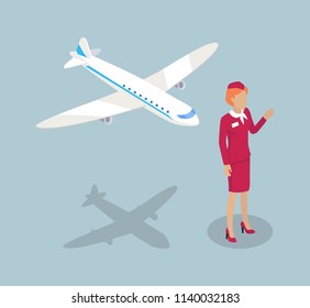 Fly attendant stewardess and flying plane set of 3d isometric icons. Air hostess gesturing waving hand welcoming people on board isolated on vector