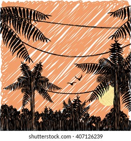 Fly away birds and tropical palm trees on a background a summer sunset. Made with colored pencils