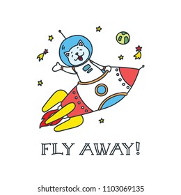 Fly away! Doodle vector illustration of funny cat astronaut riding a spaceship