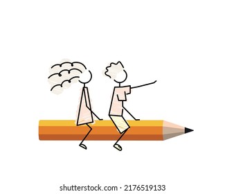 fly back to school, simple sketch, drawing clip-art, happy students flying on top of giant pencil, colorful funny doodle boy and girl vector illustration