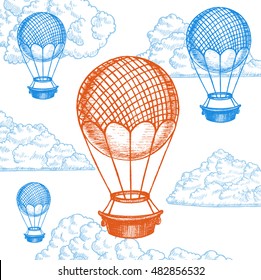 Fly Ballon on Sky Hand Draw Sketch. Transport Vintage Style Design. Vector illustration of four air ballon sketches with clouds in the air