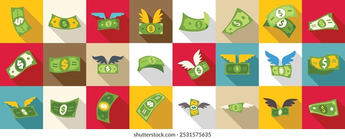 Fly banknote icons set. Money flying away with wings icon set in flat style for any design