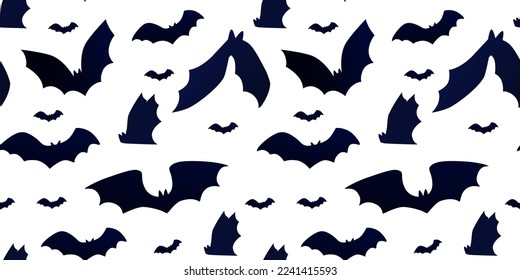 Fly bat, halloween cave pattern. Scary flying animals, horror in sky, spooky vampire silhouettes isolated, creepy dracula. Decor textile, wrapping design. Vector seamless recent illustration