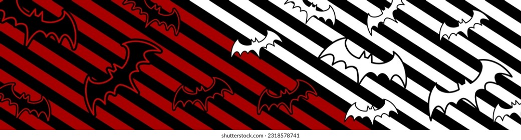 Fly bats on striped goth background. Bats pattern for Halloween cover. Horror background. Goth illustration. Vector EPS 10