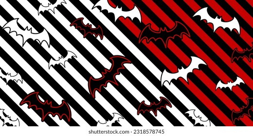 Fly bats on striped goth background. Bats pattern for Halloween cover. Horror background. Goth illustration. Vector EPS 10