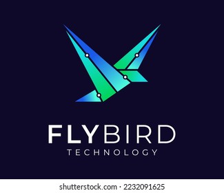 Fly Bird Wing Flight Robot Machine Technology Digital Futuristic Origami Shape Vector Logo Design