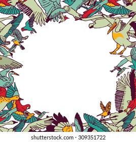 Fly birds frame border color isolate on white. Border with birds and empty place for text. Color vector illustration. EPS 8