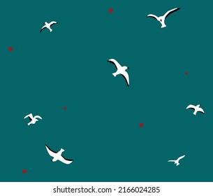 Fly birds pattern, green background, seagull fly seamless design