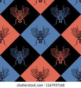 Fly blue and red vector seamless pattern for fabric, wrapping, craft, cards, branding, textile