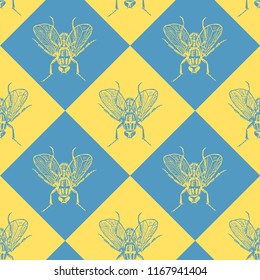 Fly blue and yellow vector seamless pattern for fabric, wrapping, craft, cards, branding, textile