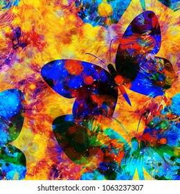 Fly of butterfly. Bright seamless texture. Blue, yellow, orange, violet colors.  Abstract vector background for web page, banners backdrop, fabric, home decor, wrapping, boho design.