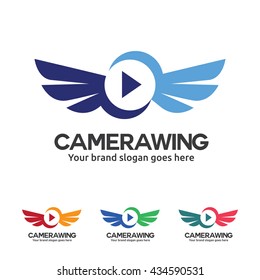 Fly Camera Logo, Camera with Wing and Play Button Symbol