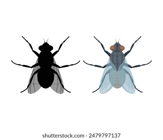 Fly. A cartoon-style image of a fly. The silhouette of a fly. The fly is a view from above. Flying insect, vector illustration