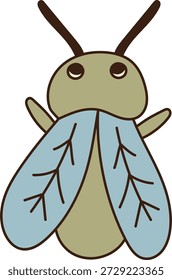 Personaje de la mosca con alas grandes, antena y contorno audaz en un aspecto de mascota groovy. Símbolo de la naturaleza, el zumbido y el encanto peculiar para la marca infantil y el marketing divertido. Ilustración vectorial de dibujos animados.