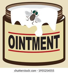 A fly is checking out the ointment spilling onto the side of the jar