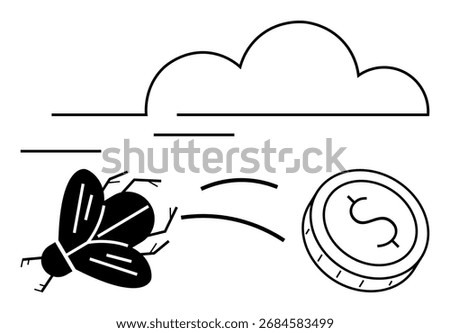 Fly, coin, and cloud symbols represent impermanence and fleeting wealth. Ideal for financial instability, economy, nature, philosophy, life cycles environment education. Line metaphor
