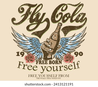 Fly cola drink artwork. Rock and roll vintage print design. Eagle vector artwork for apparel, stickers, posters, background and others. Music forever artwork. Eagle wing and fire design. Rose design.