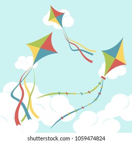 Fly color kites and Clouds vector illustration in the sky