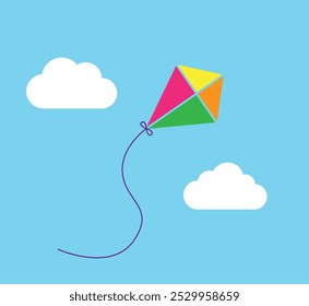 Fly colored kite toy in blue sky with clouds icon