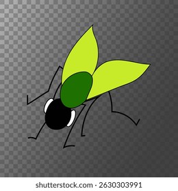 Fly colorful icon. Green yellow wings. Vector insect symbol. Black head detail.