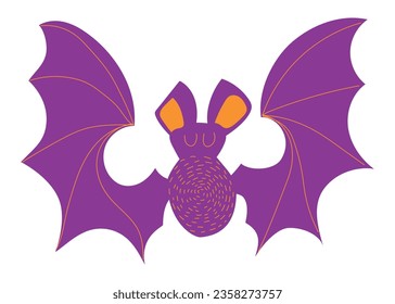 Fly Cute bat illustration. Graphic element in purple and orange, mystical characters. celebration Halloween. Cartoon flat vector isolated